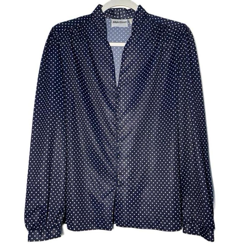 Objectives Navy Blue Polka Dot Blouse 70s/80s Style‎ Size 12 Navy Polka Dot NWOT